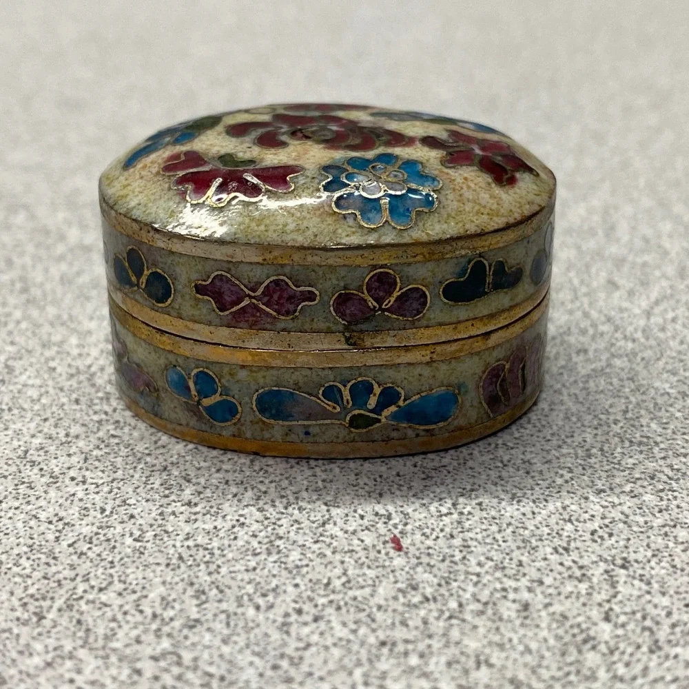 Vintage Cloisonne Floral‎ Enamel Hinged Small Trinket Pill Box Keepsake